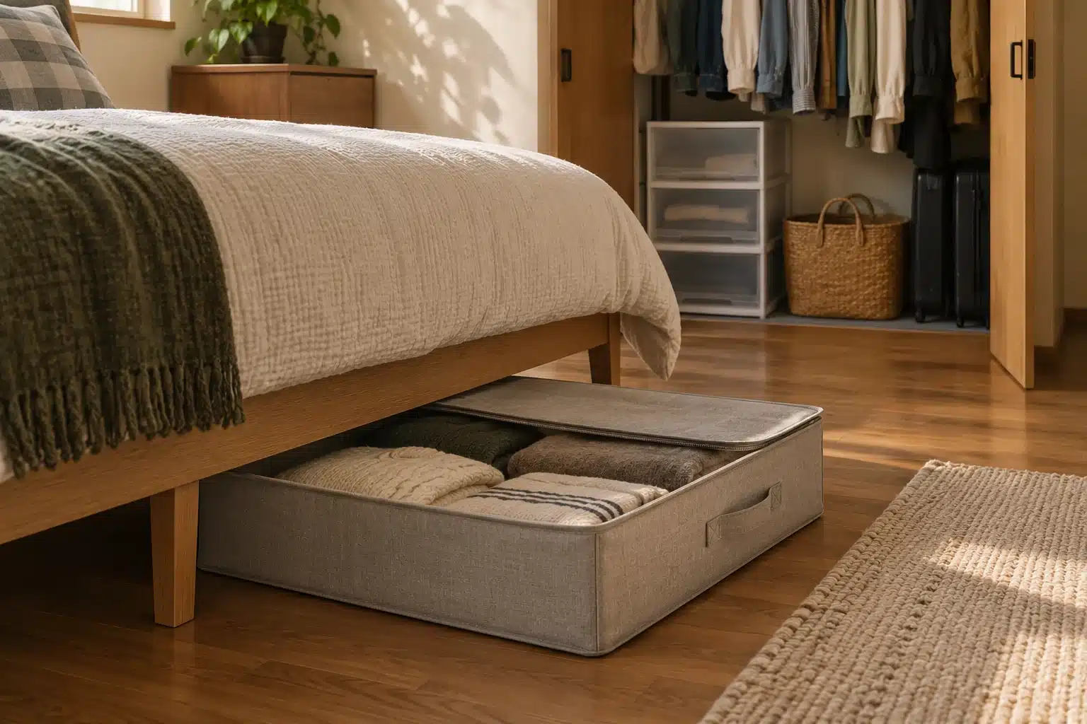 Illustration of an under-bed container pulled out during a seasonal clothing change