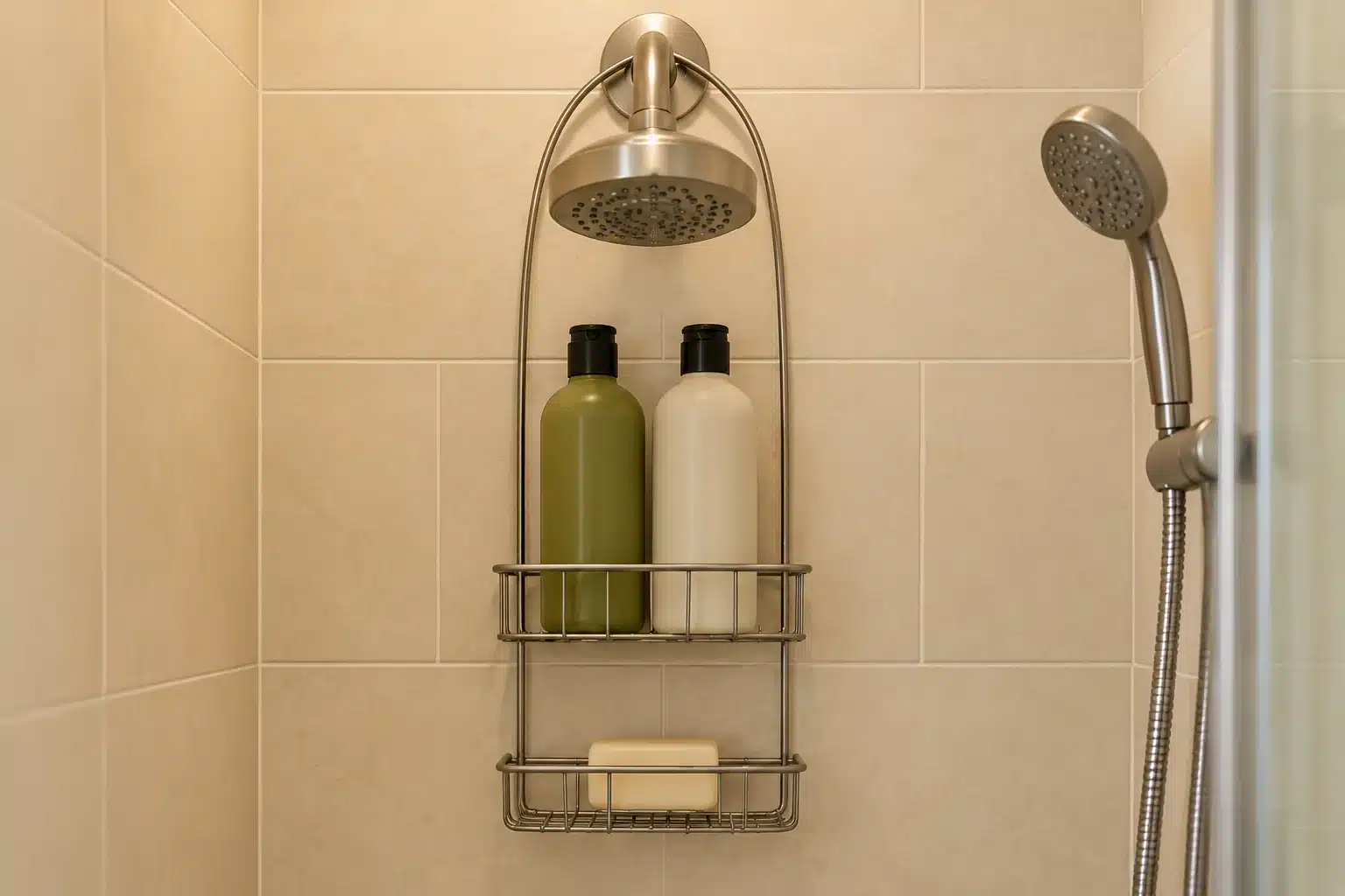 Illustrated wire shower caddy hanging over a fixed shower pipe with bottles and soap