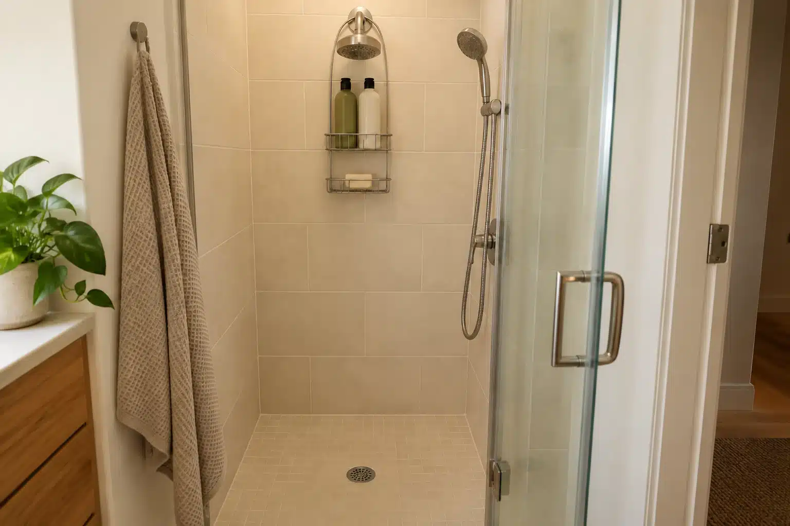 Illustration of shower storage without drilling using a compact caddy over the fixed shower pipe