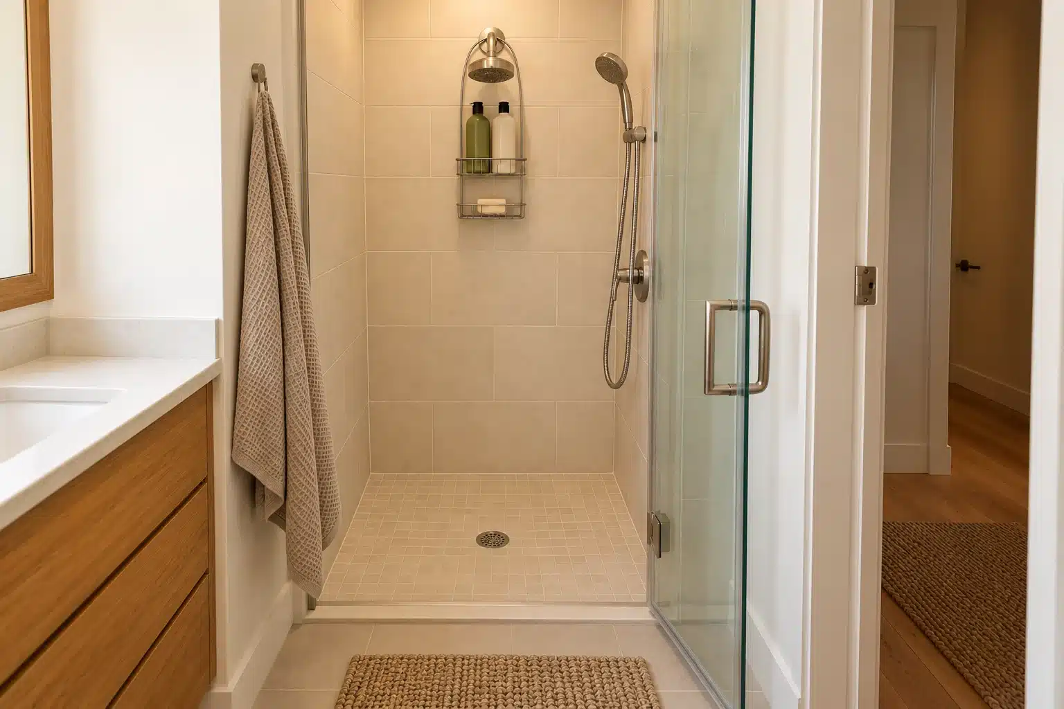 Illustration of a compact shower with toiletries on an open draining caddy