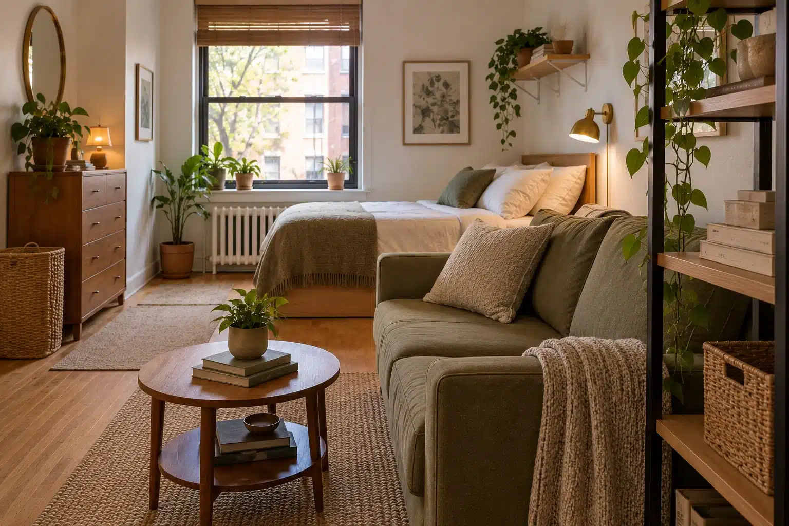 Illustration of a compact sofa beside a studio sleeping zone with daylight reaching both areas