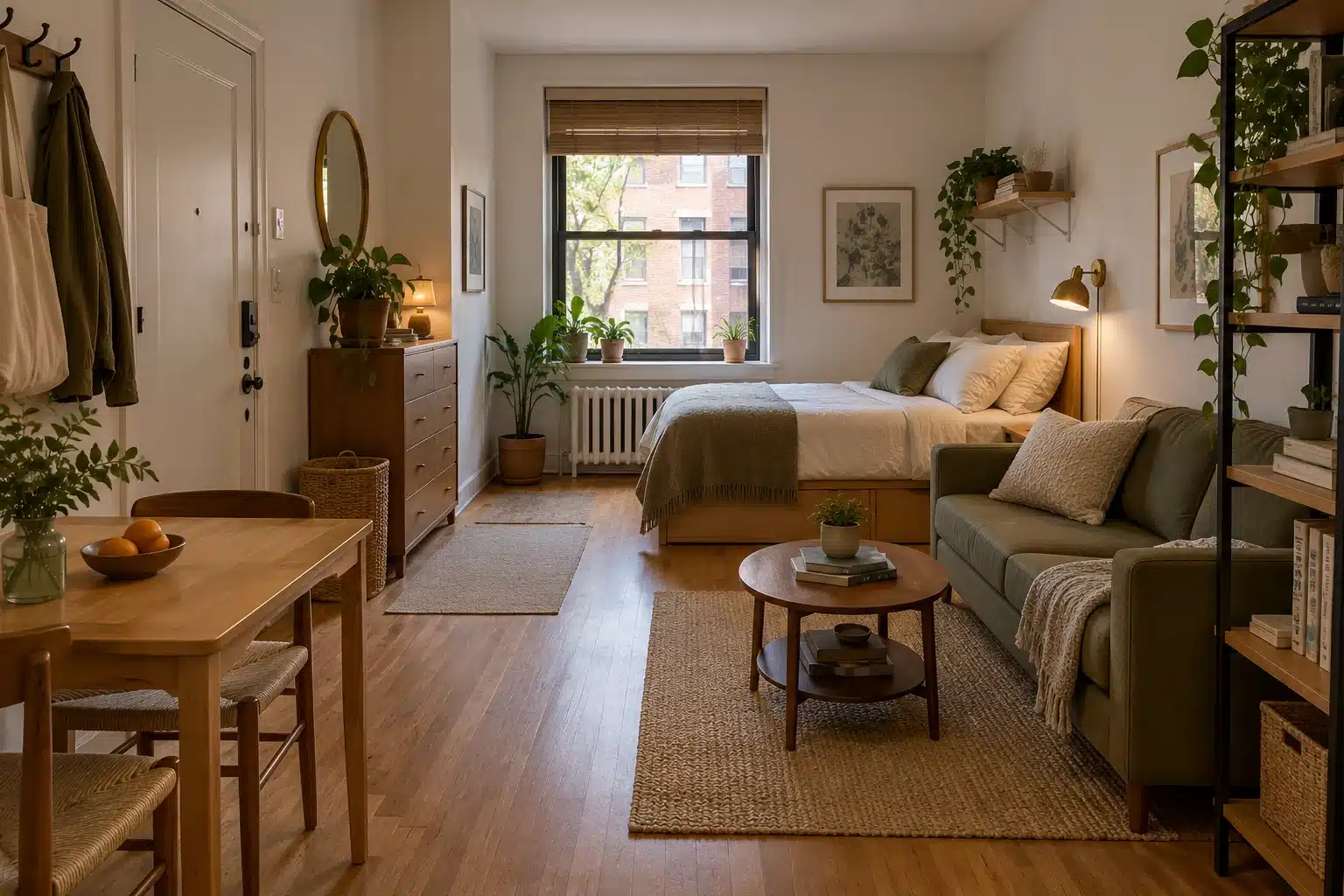 Illustration of a square studio apartment layout with a bed, compact sofa and small table