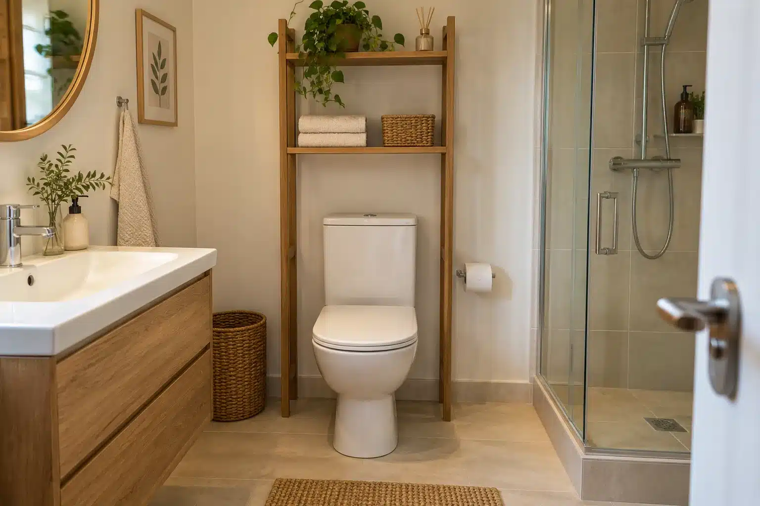 Illustration of over-the-toilet storage for small bathrooms using a shallow shelf unit