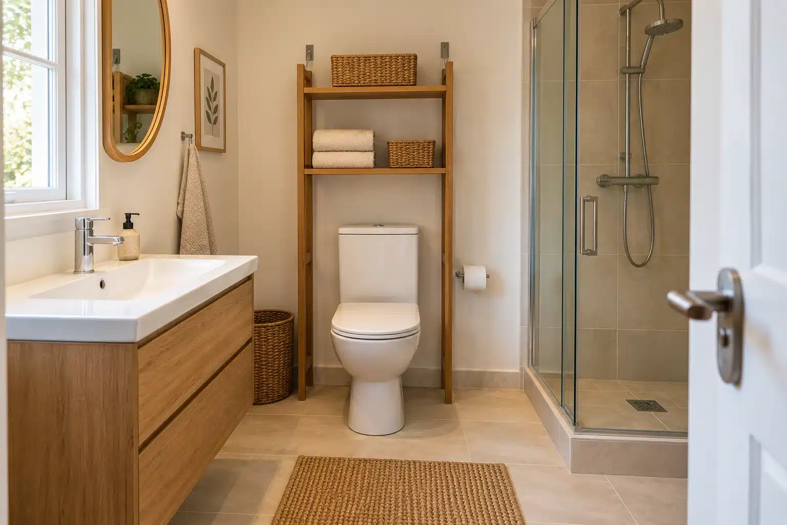 Illustration of a bathroom walking route beside an over-the-toilet storage unit