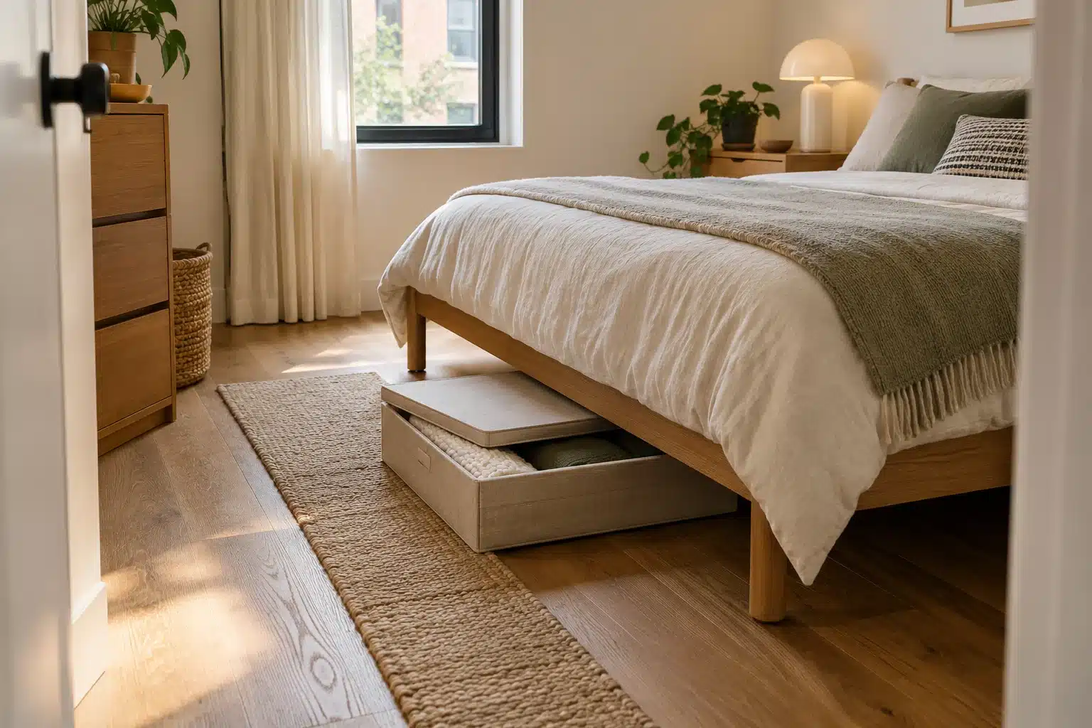 Illustration of under-bed storage for a small bedroom with a fabric box pulled beside the bed