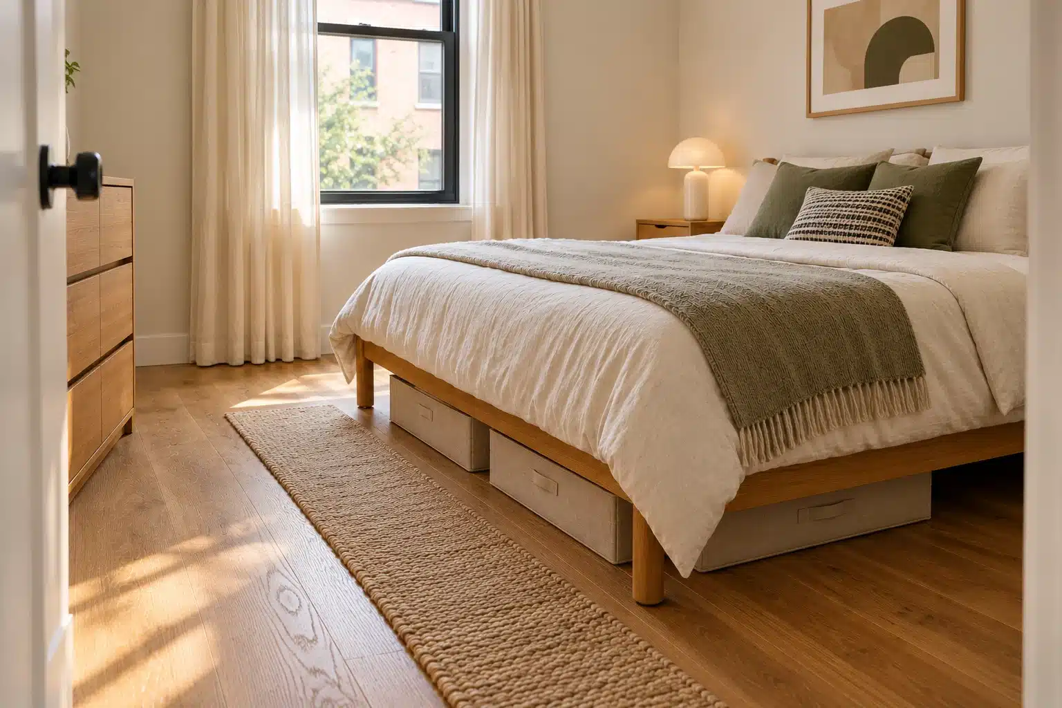 Illustration of fabric storage containers beneath a bed with all frame supports intact