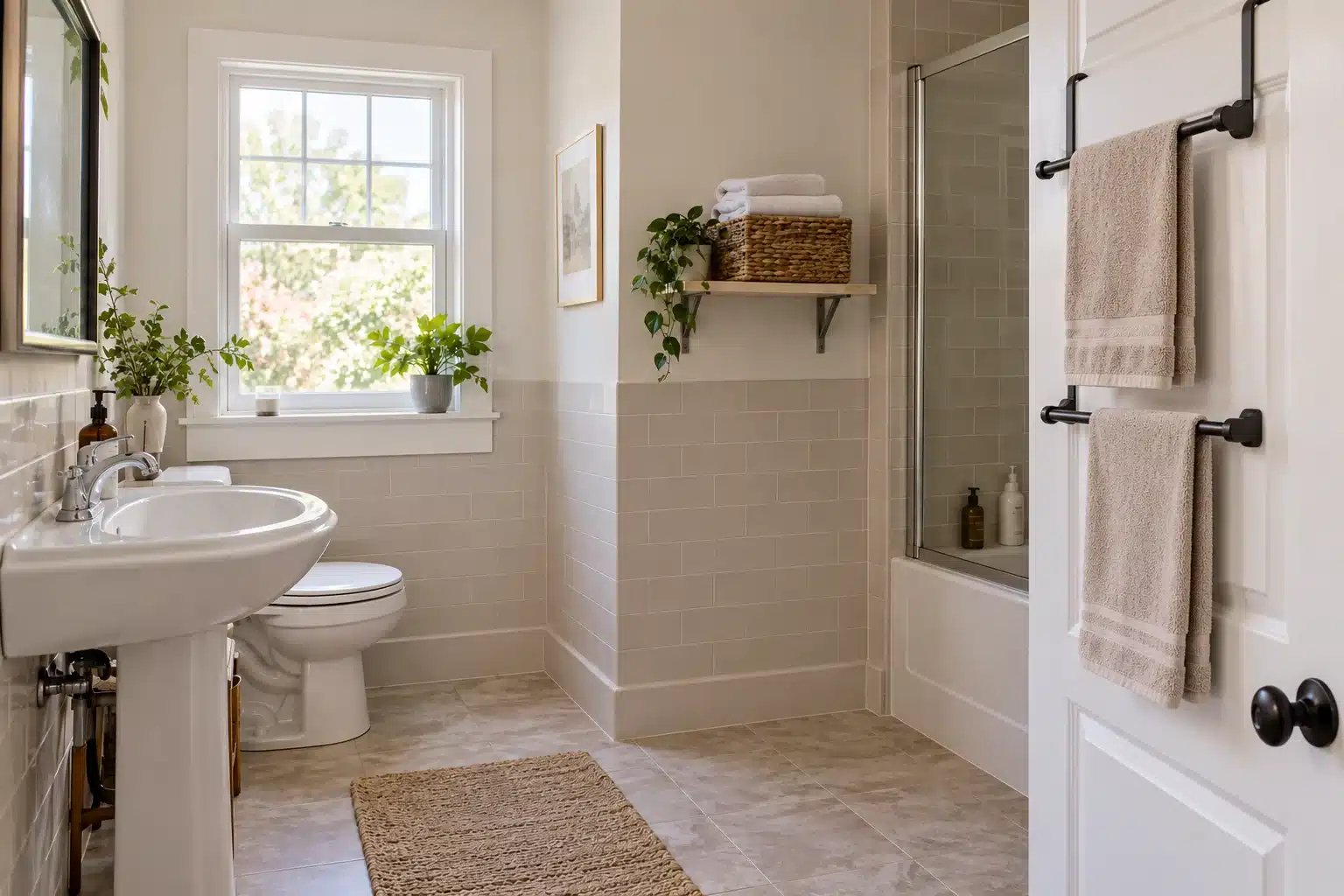 Over-door rack holding hand towels on an open bathroom door
