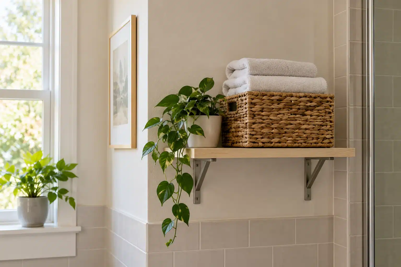 Dry folded towels in a woven basket on a supported bathroom shelf