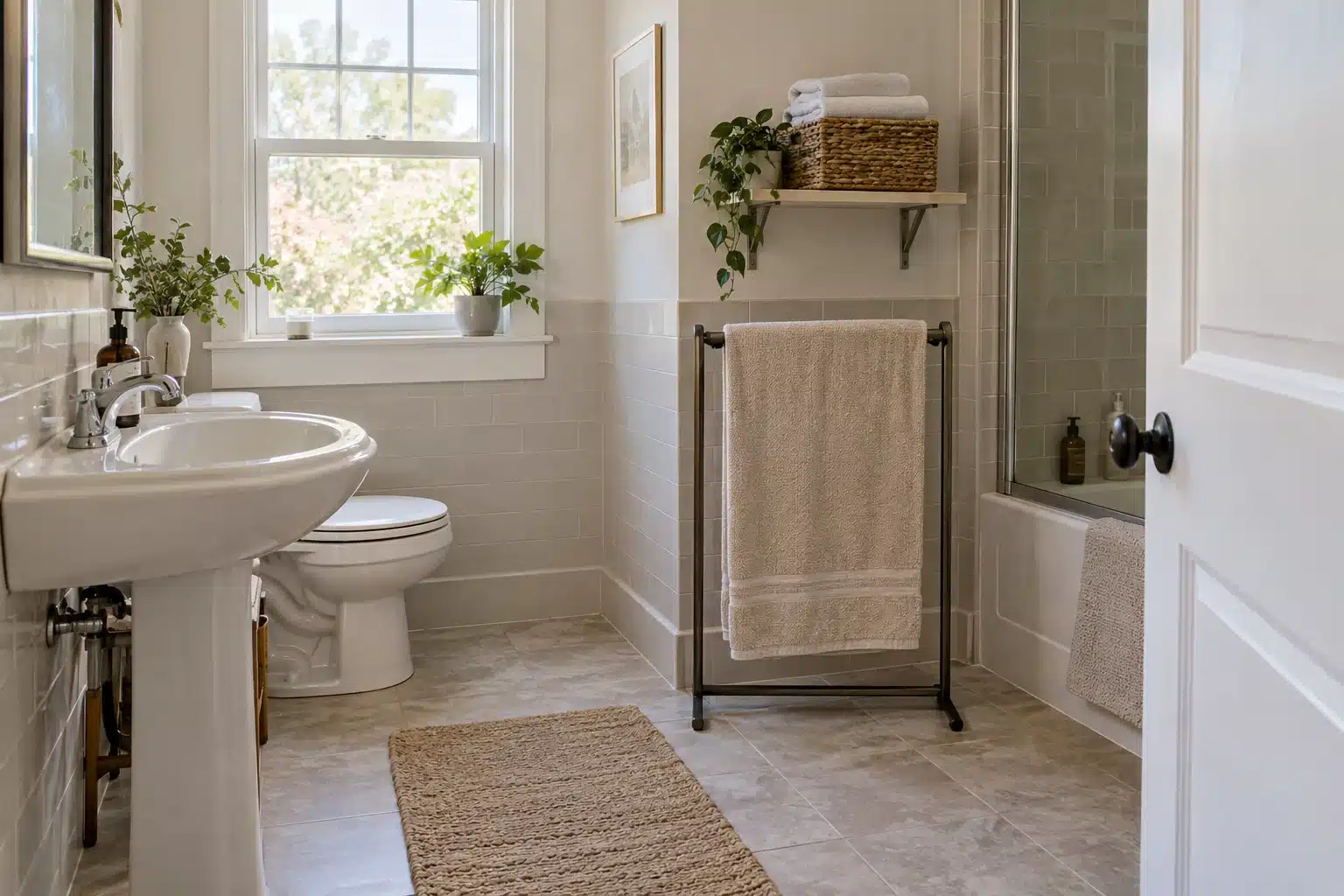 Towel storage for small bathrooms, with a freestanding drying rack and folded backups
