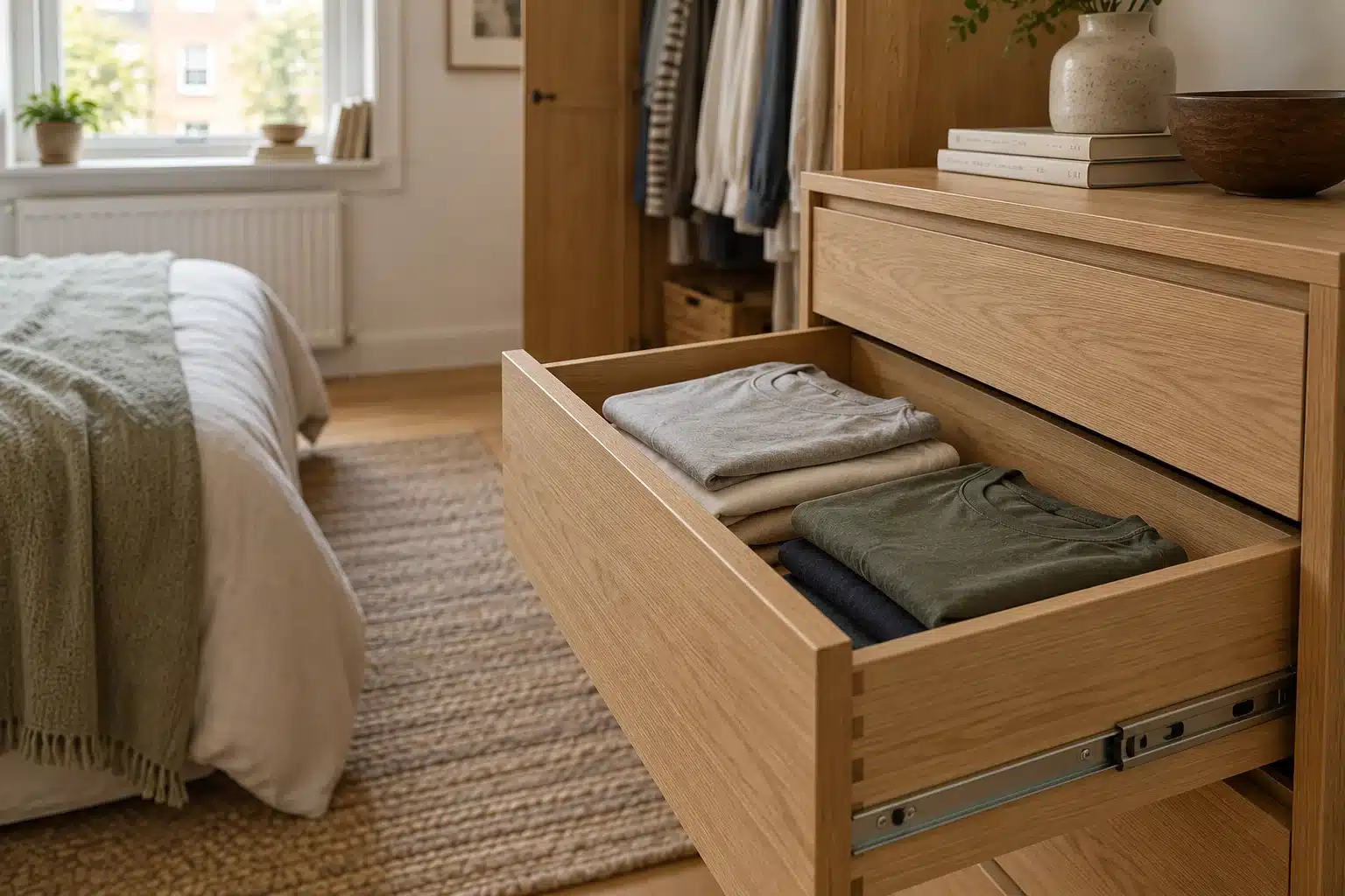 One dresser drawer open with folded everyday shirts in two groups