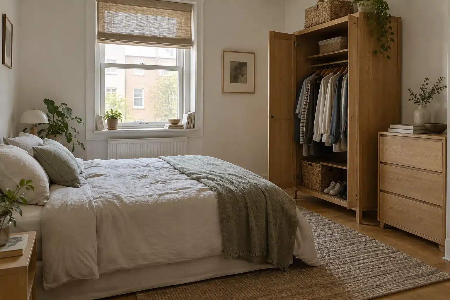 Small bedroom storage without a closet, using a freestanding clothes rail and dresser