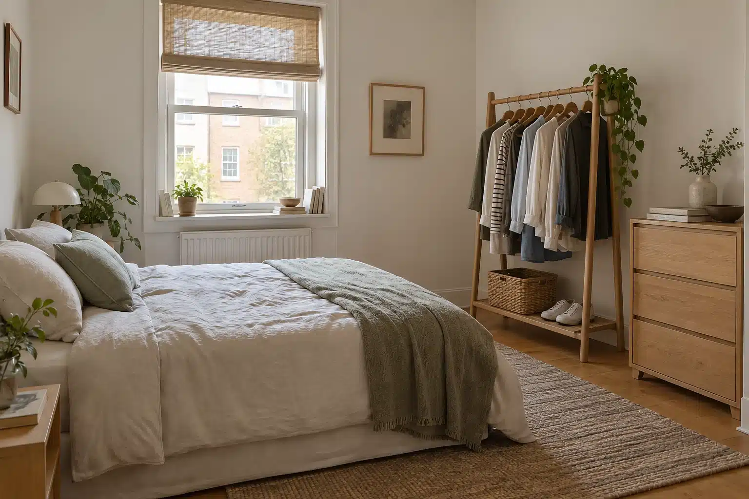 Stable low clothing rail beside a dresser in a compact bedroom