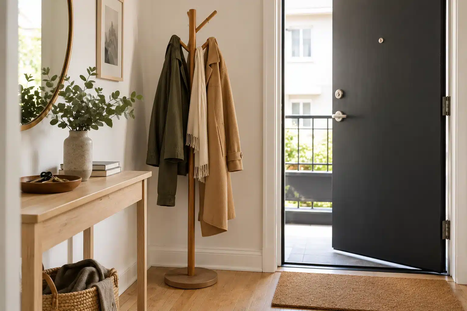 Two coats on a freestanding stand positioned away from the front-door opening