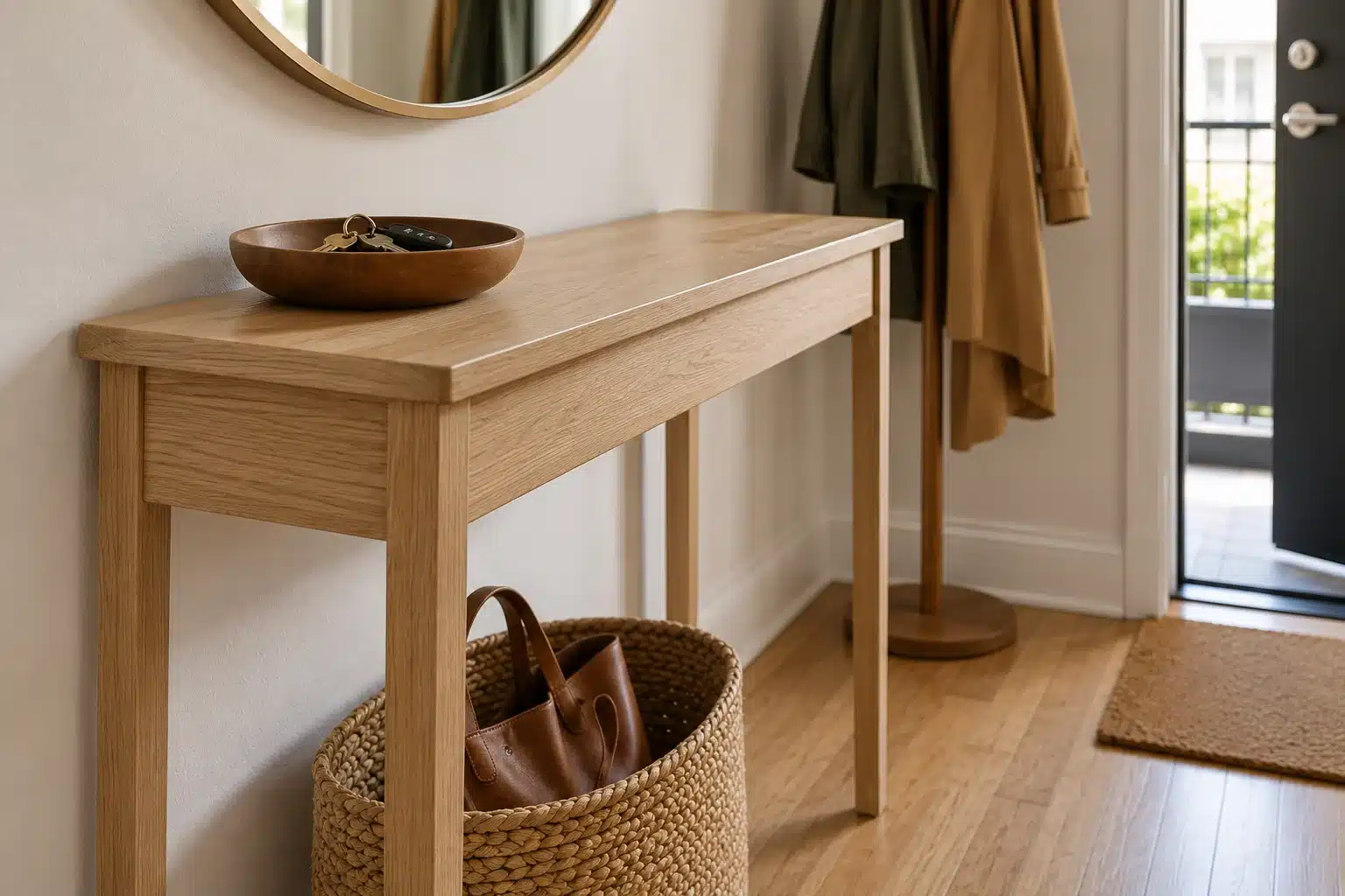 Keys in a shallow tray on a slim console with a bag basket underneath