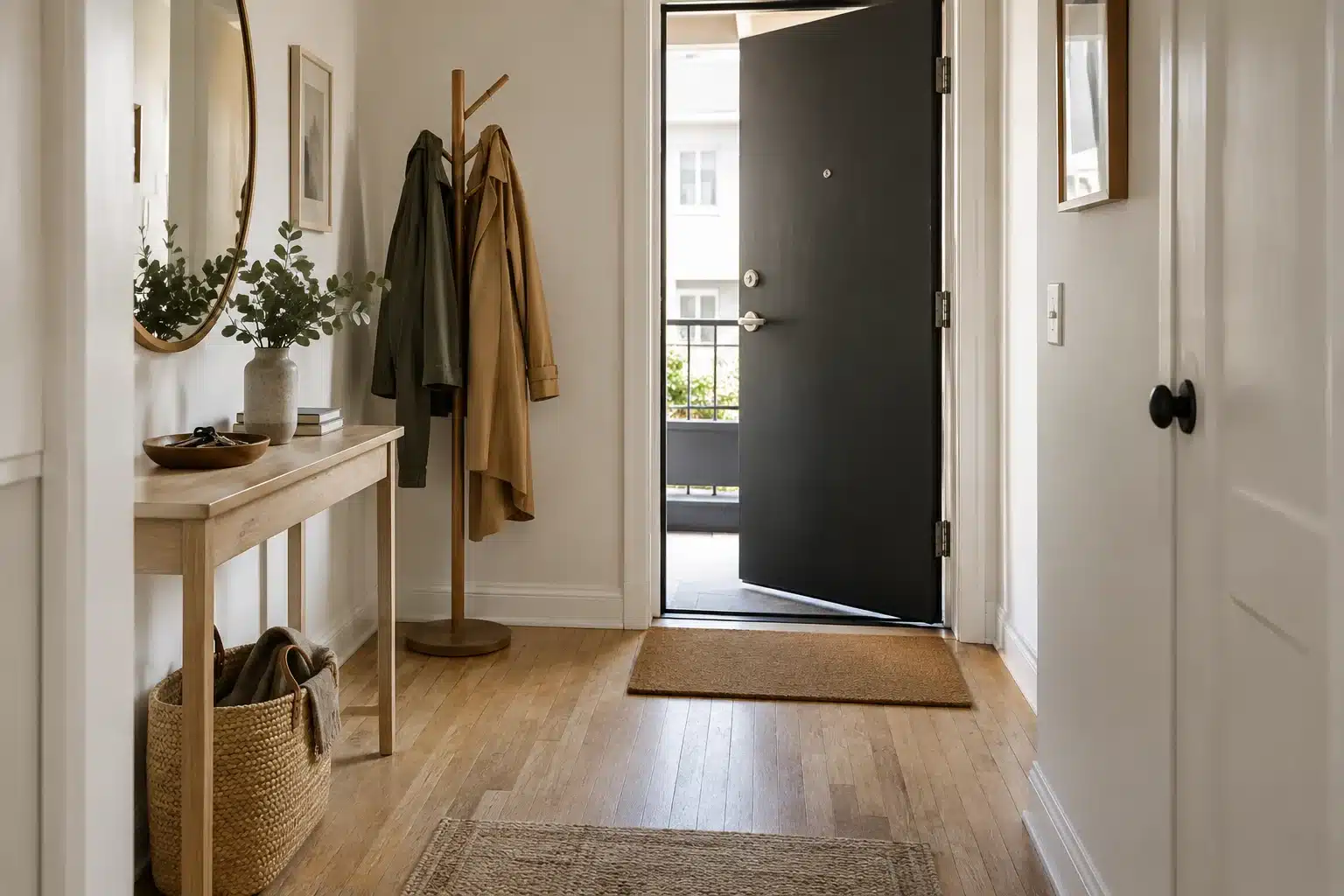 Small apartment entryway storage with a shallow console, key tray and coat zone