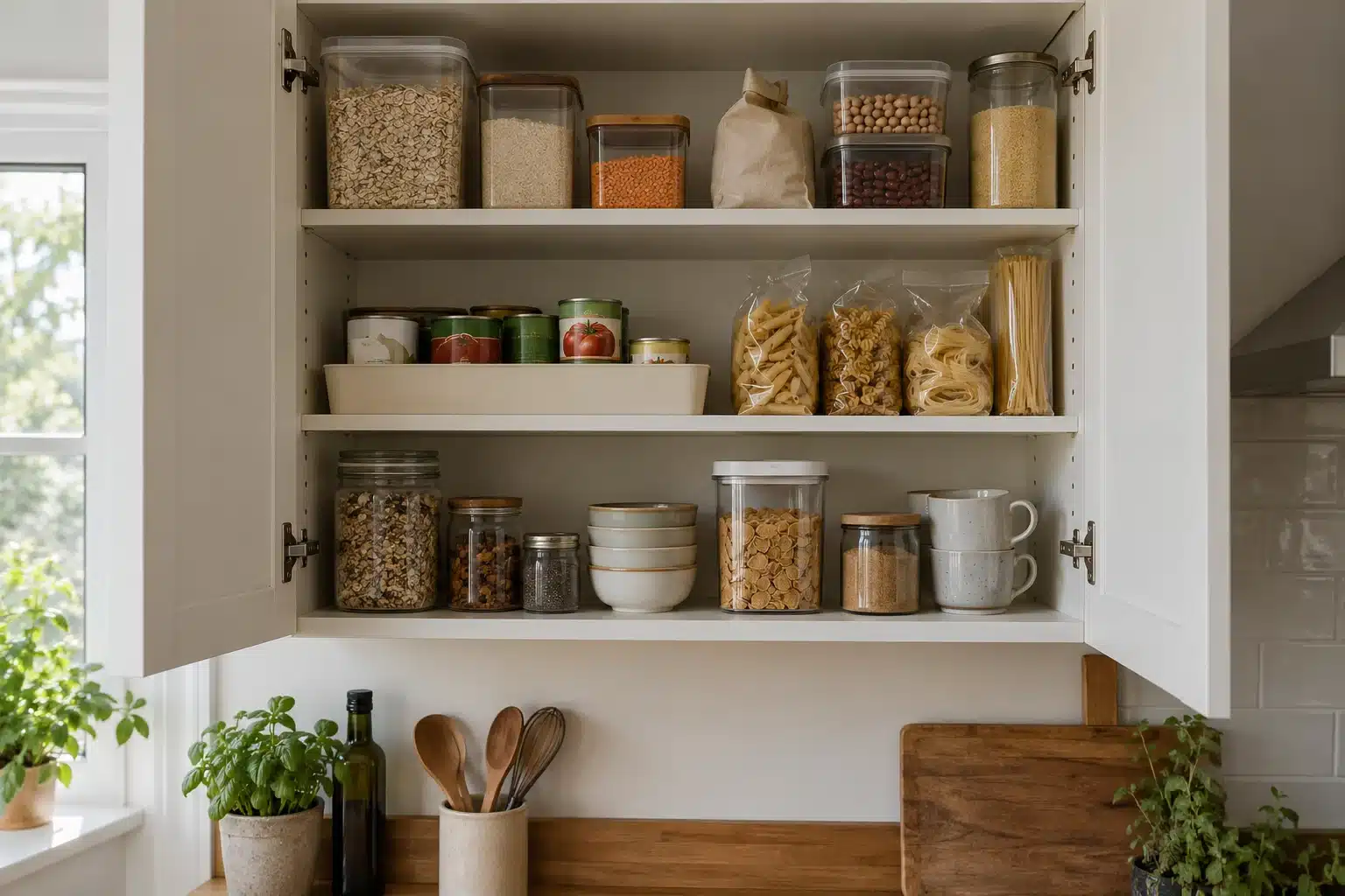 Supported cupboard shelves holding grouped pasta, cans and breakfast supplies