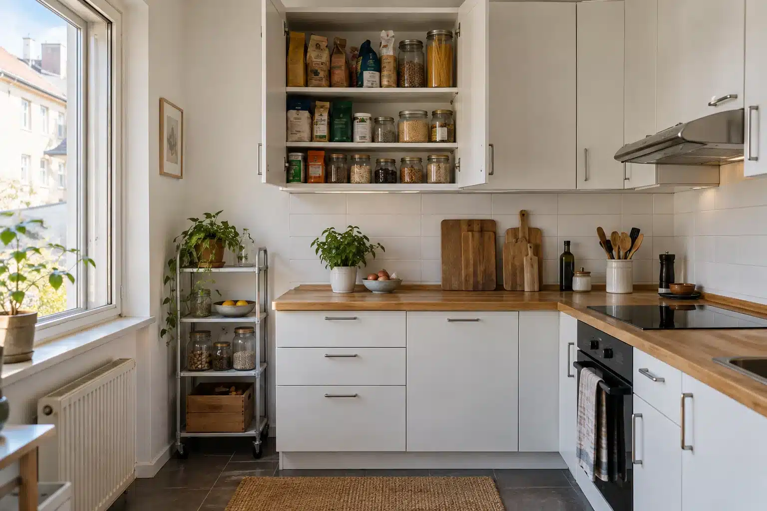 Compact kitchen without a pantry, with dry food grouped in an upper cupboard