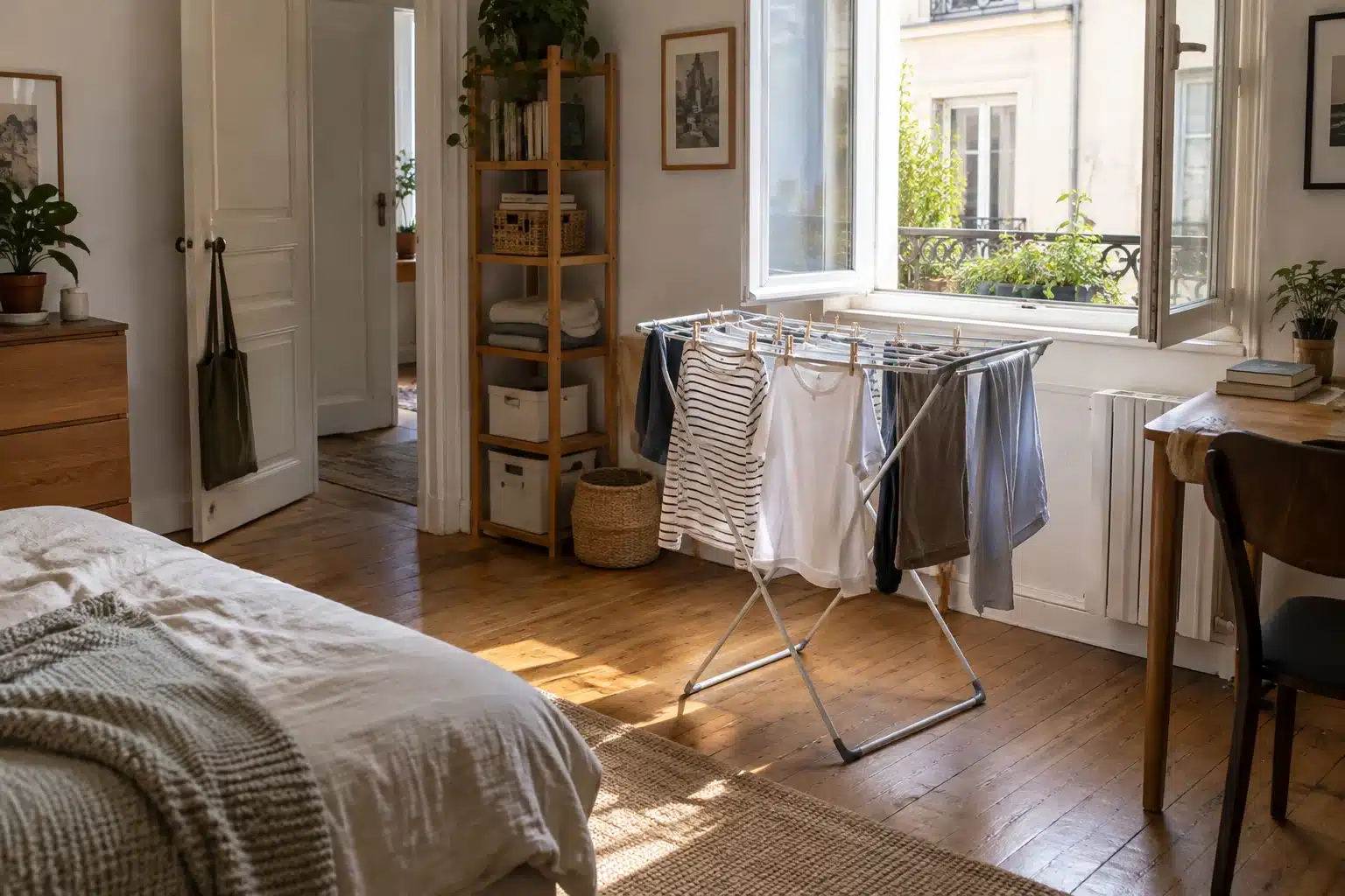 Drying clothes in a small apartment on a fold-away rack beside a window