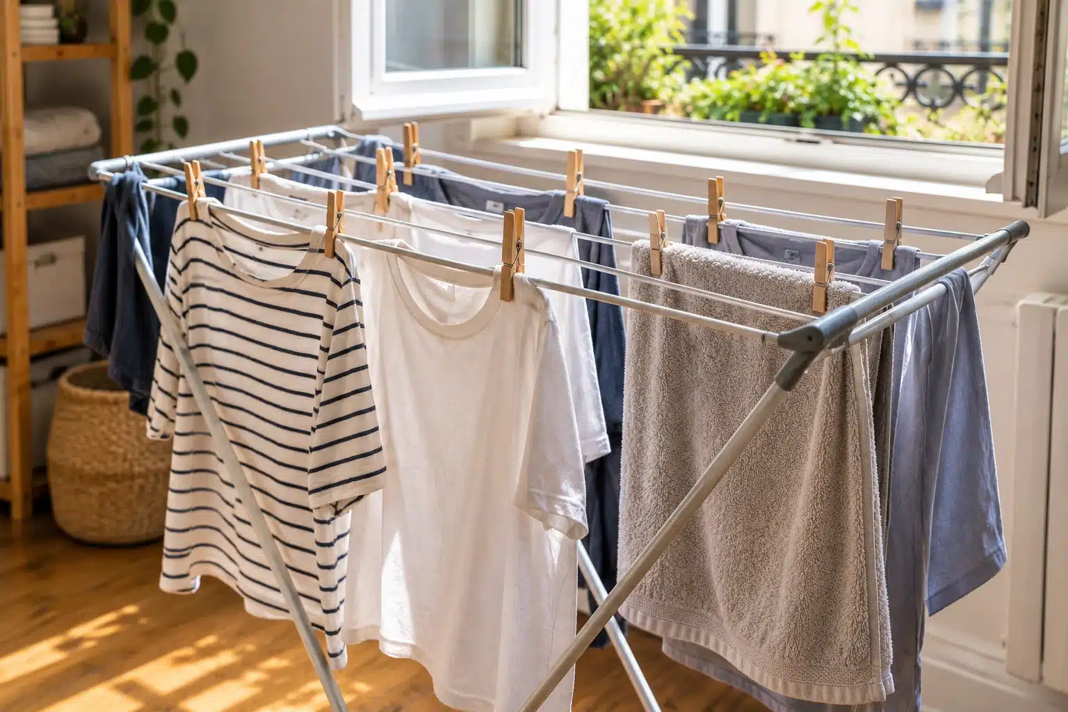 Shirts and a light towel spaced across separate drying-rack bars
