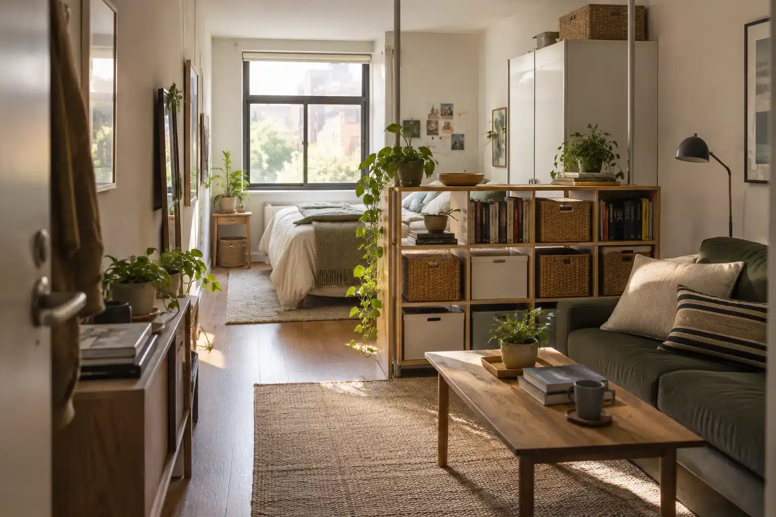 Studio apartment room dividers using low, open shelving between sleeping and living zones