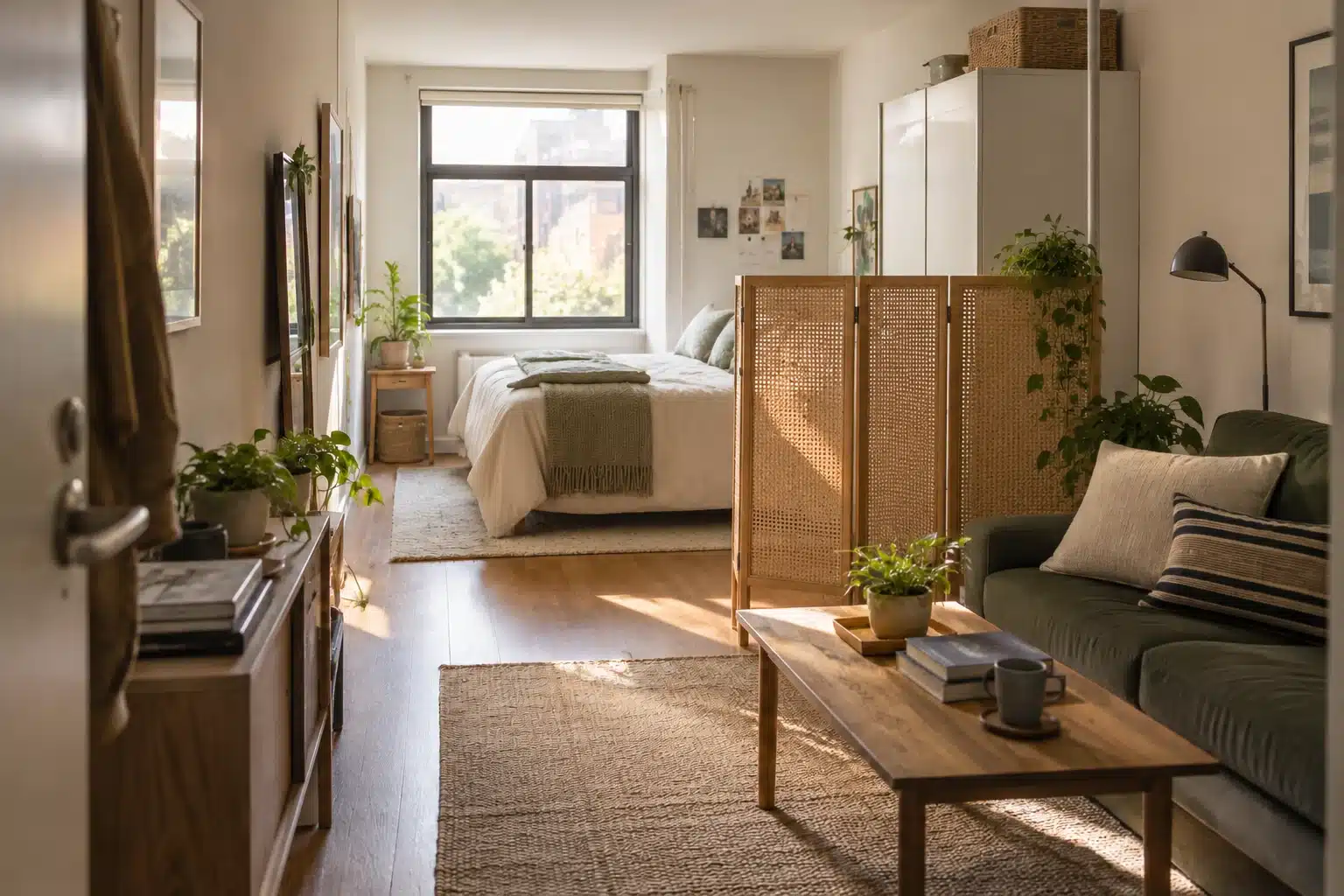Woven folding screen near the bed in the same studio layout