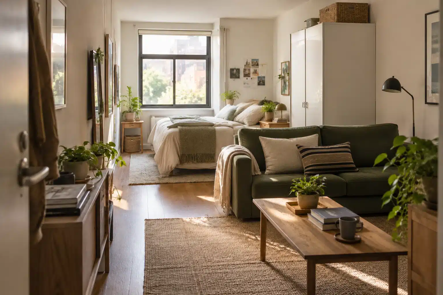 Low sofa forming a visual boundary without a separate partition