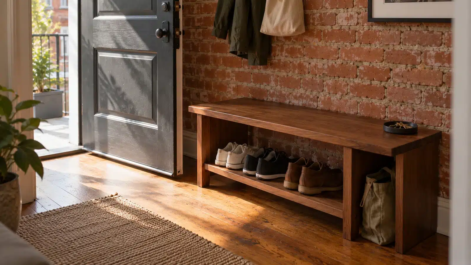 Walnut entry shoe bench with three footwear pairs and a bag in an open end compartment against red brick