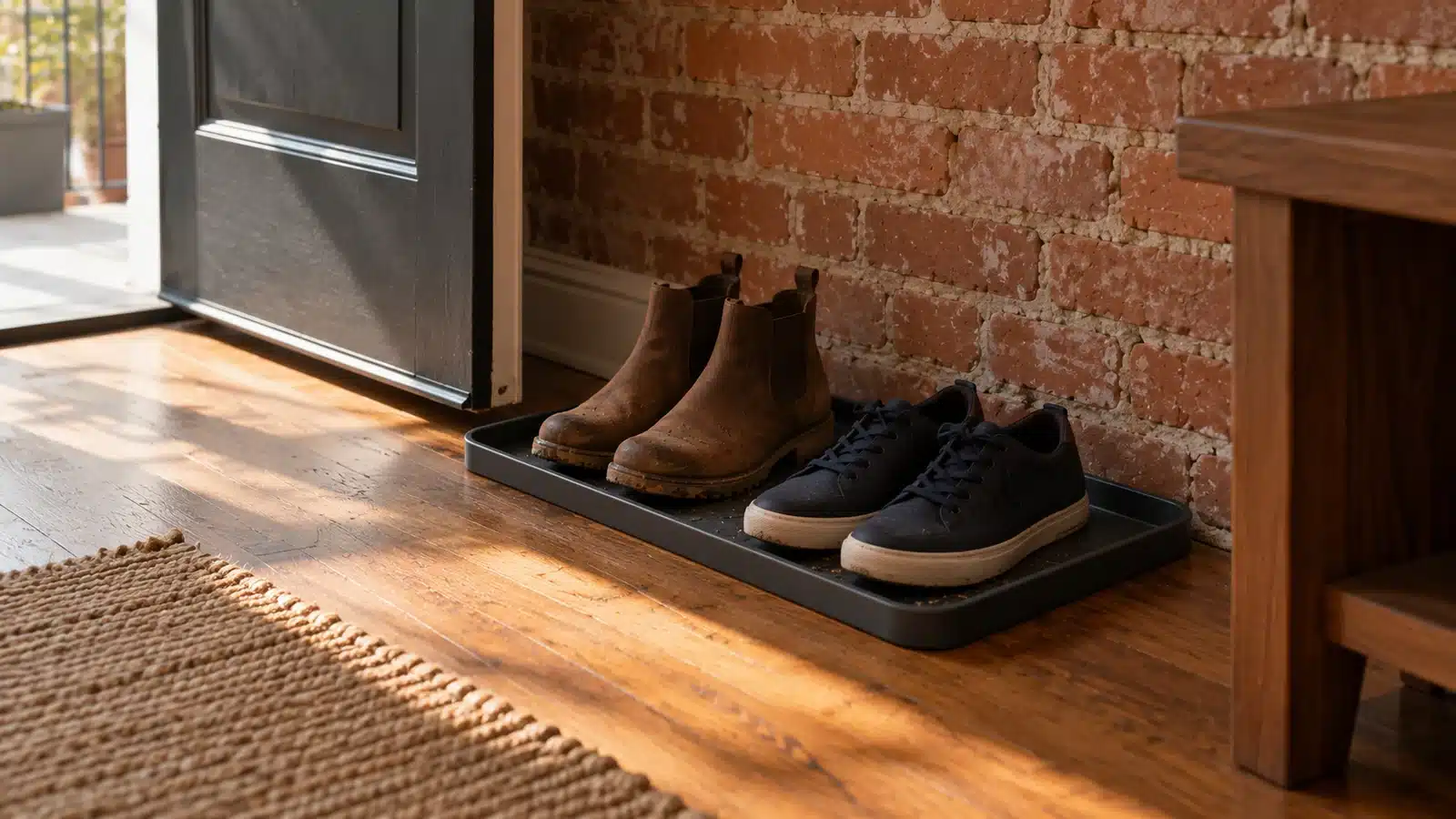 Two matching pairs of ankle boots and navy sneakers on a shallow tray beside a brick-wall entry