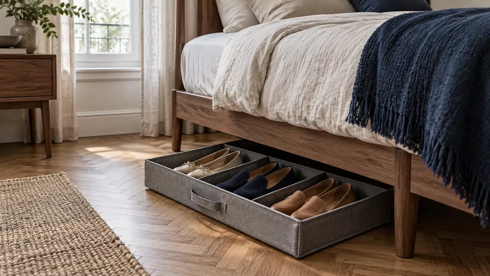 Shallow canvas shoe organizer partly pulled from under a walnut bed with visible legs