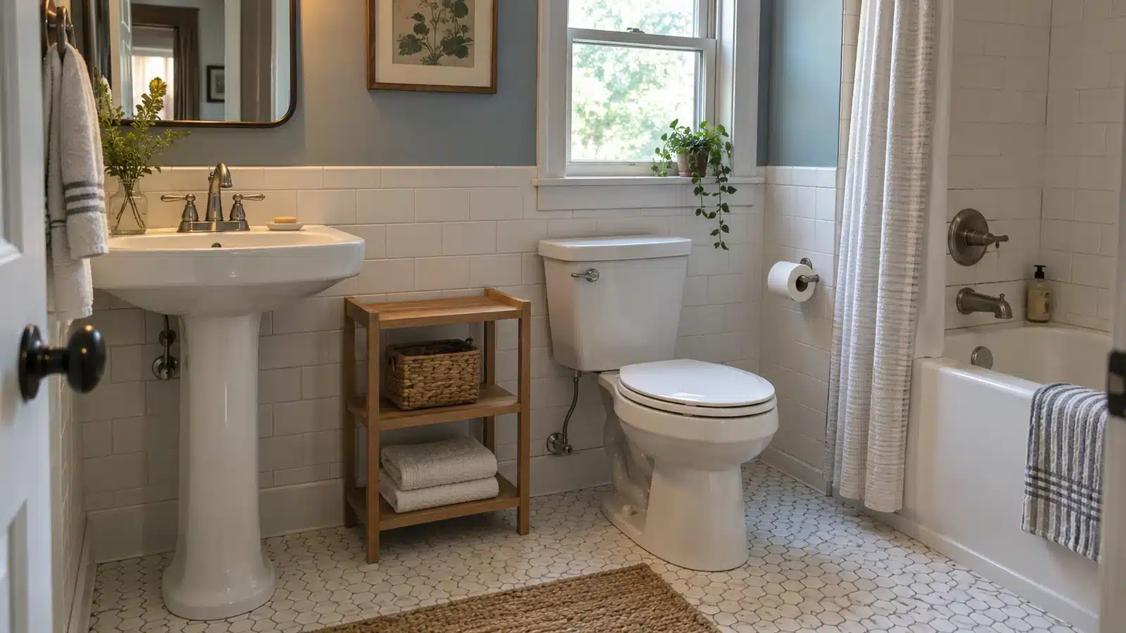 Small bathroom storage ideas with a white pedestal sink and a low open oak shelf