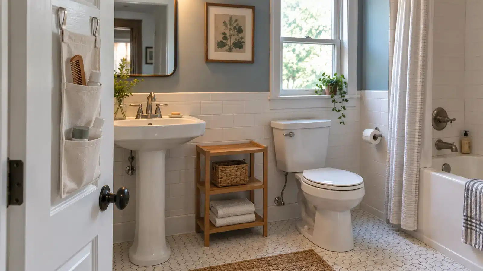 Shallow cream pocket organizer on a bathroom door with the handle unobstructed