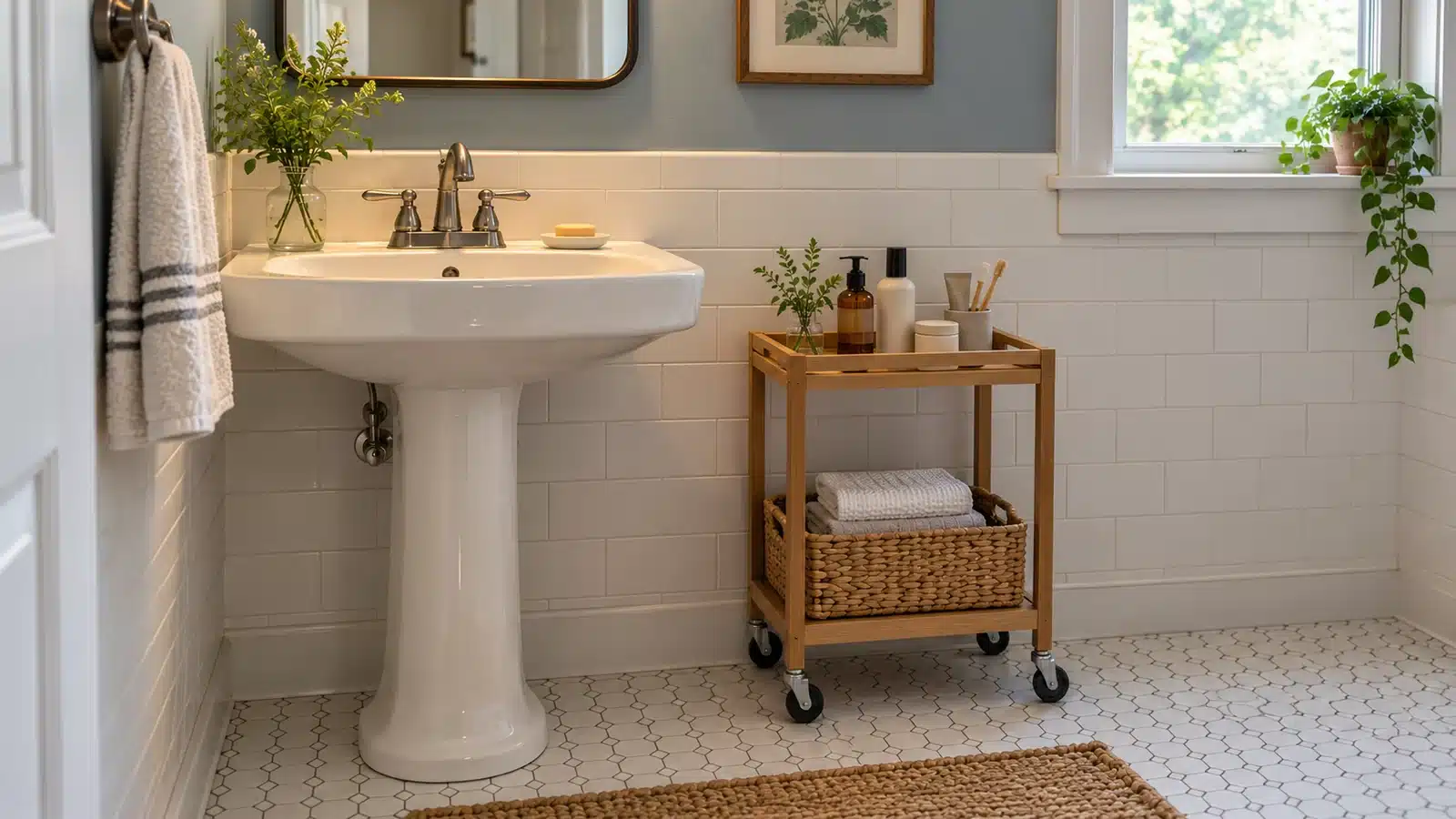 Two-tier bathroom cart beside a pedestal sink with capped toiletries and washcloths
