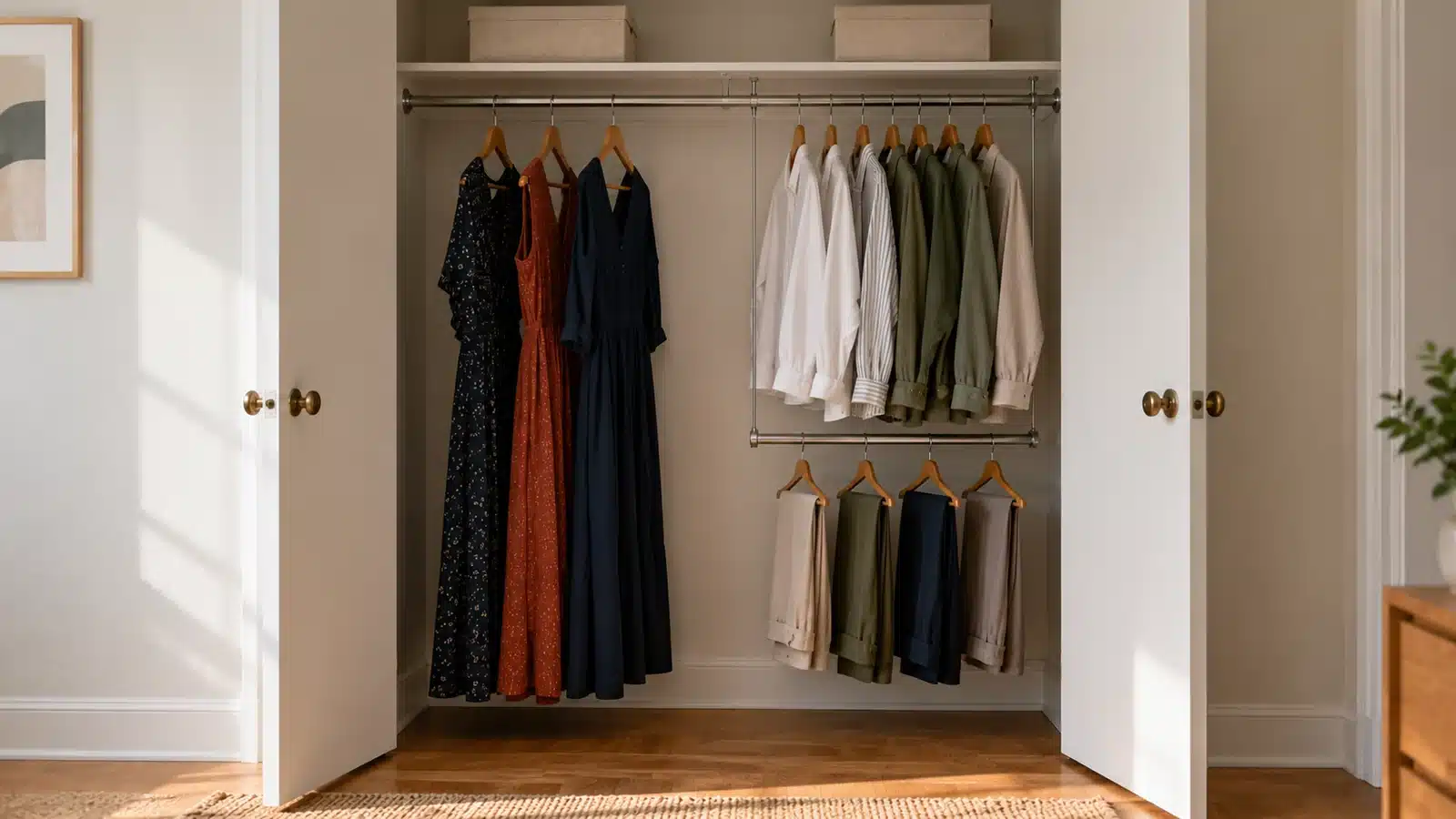 Reach-in closet with long dresses on the left and a lower rod beneath short shirts on the right