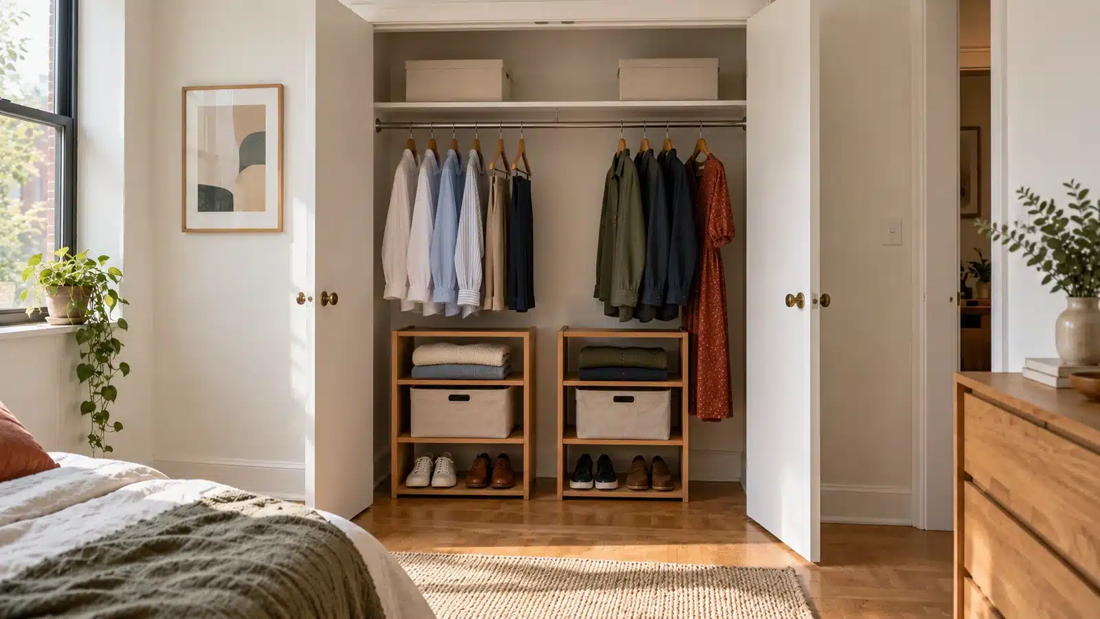 Shared reach-in closet with two clothing bays and separate low oak organizers with fabric bins and shoes