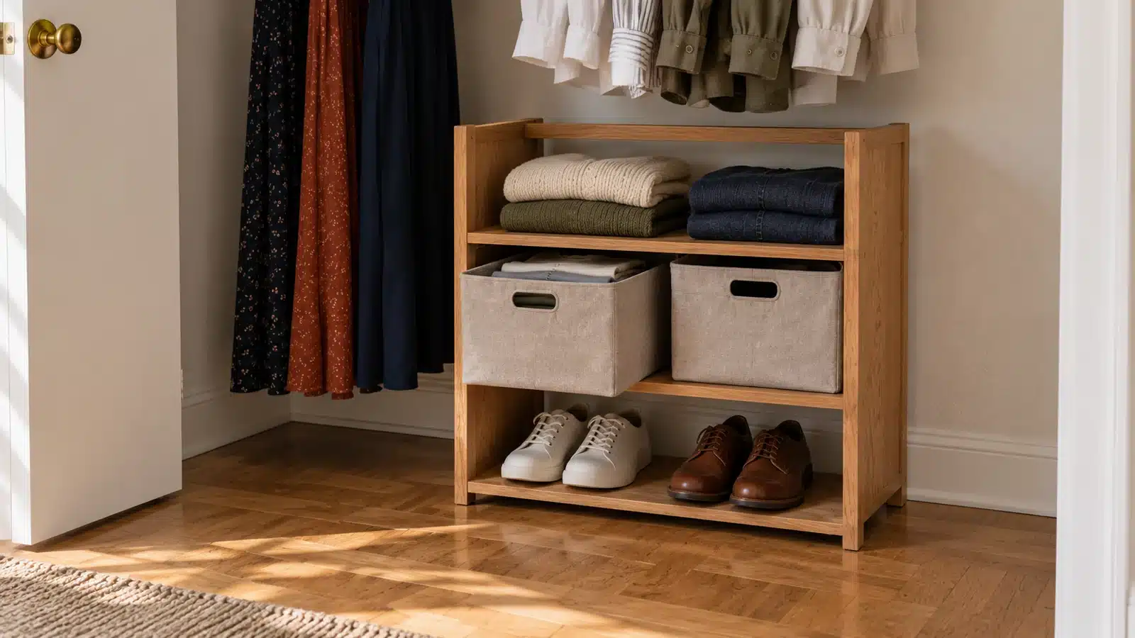 Low oak closet organizer with short folded sweater stacks, jeans, a partly pulled fabric bin and two pairs of shoes