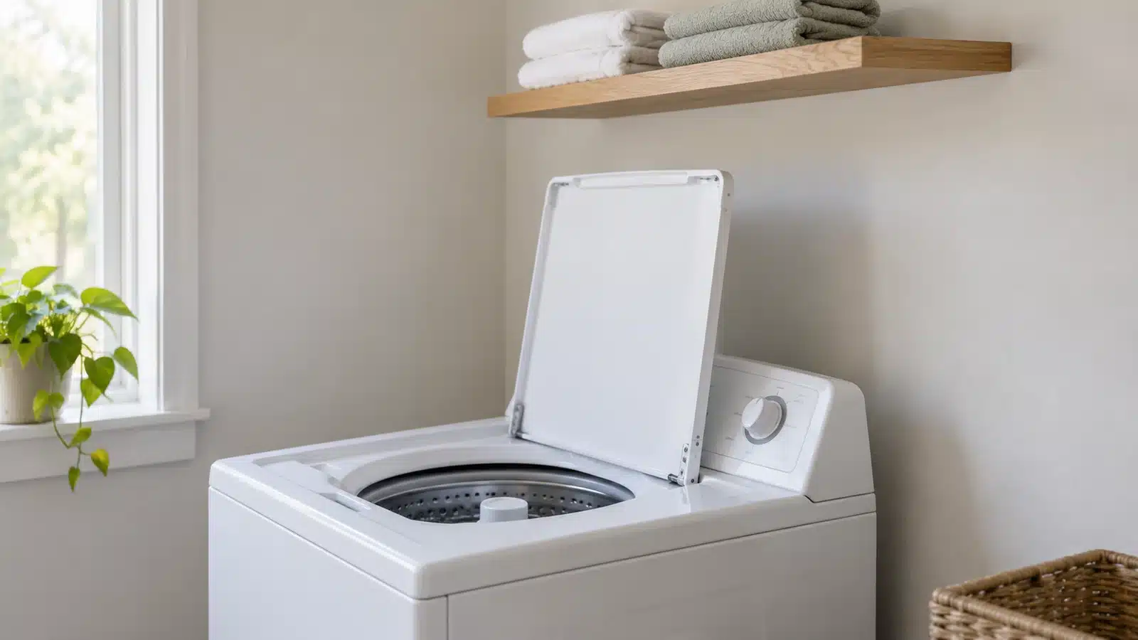 Raised top-loader lid below a shallow oak wall shelf of folded towels, with visible empty wall between the lid and shelf