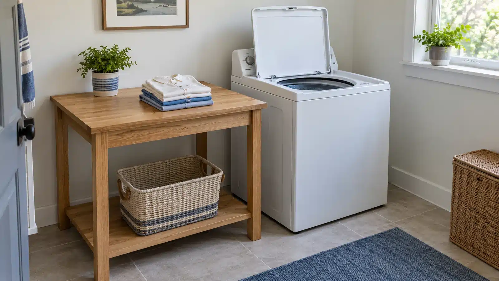 Wooden side worktable with folded cotton shirts and a basket on its lower shelf beside a washer with its lid raised