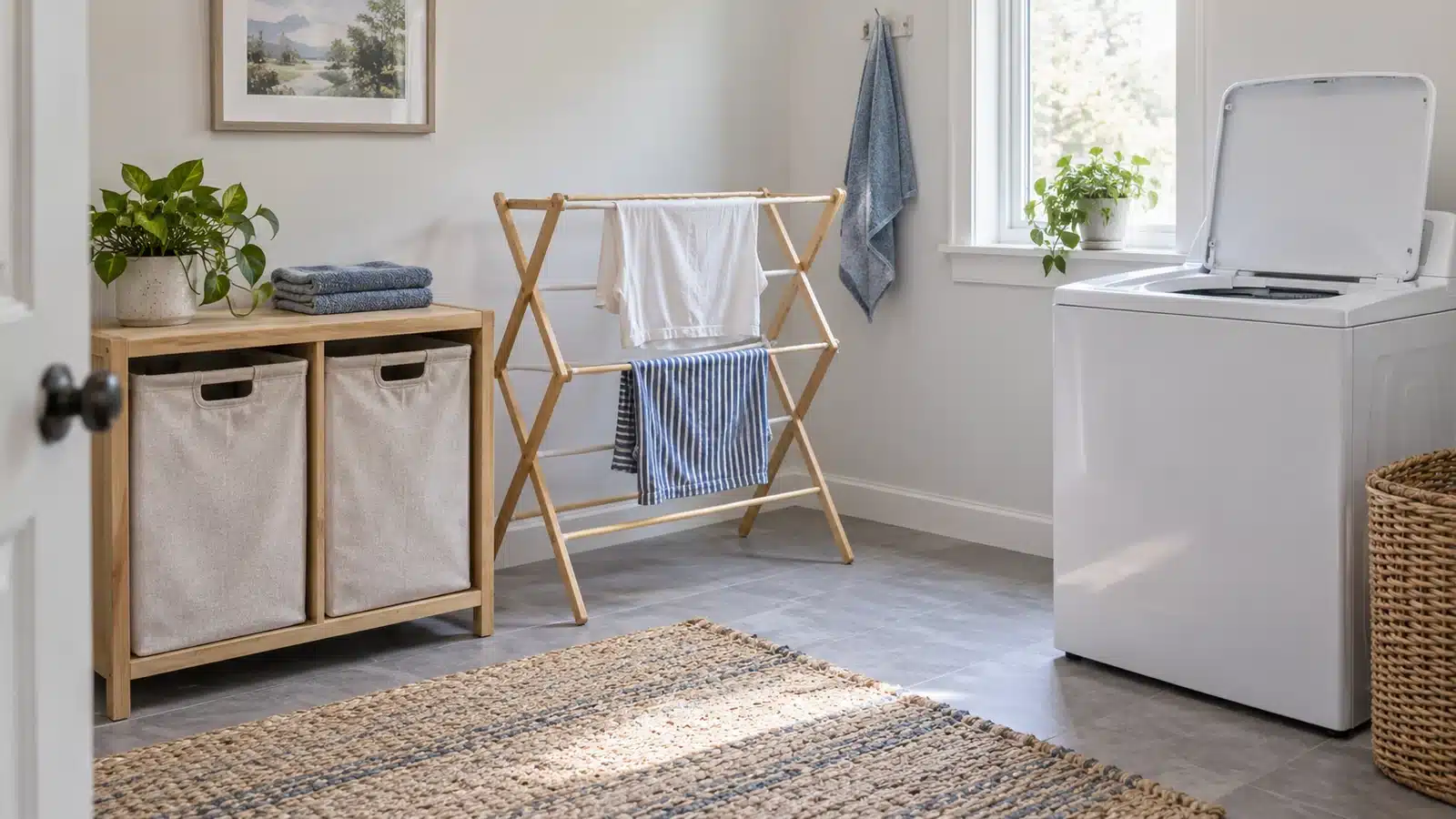 Two fabric laundry hampers in a low wooden organizer and an open drying rack with a white shirt and striped cloth beside a raised-lid washer