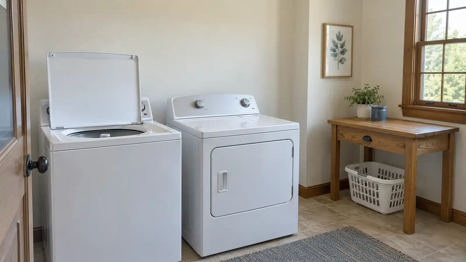 Small laundry room ideas illustrated by a fully raised top-loading washer lid, separate dryer, and independent wooden side table with a basket below
